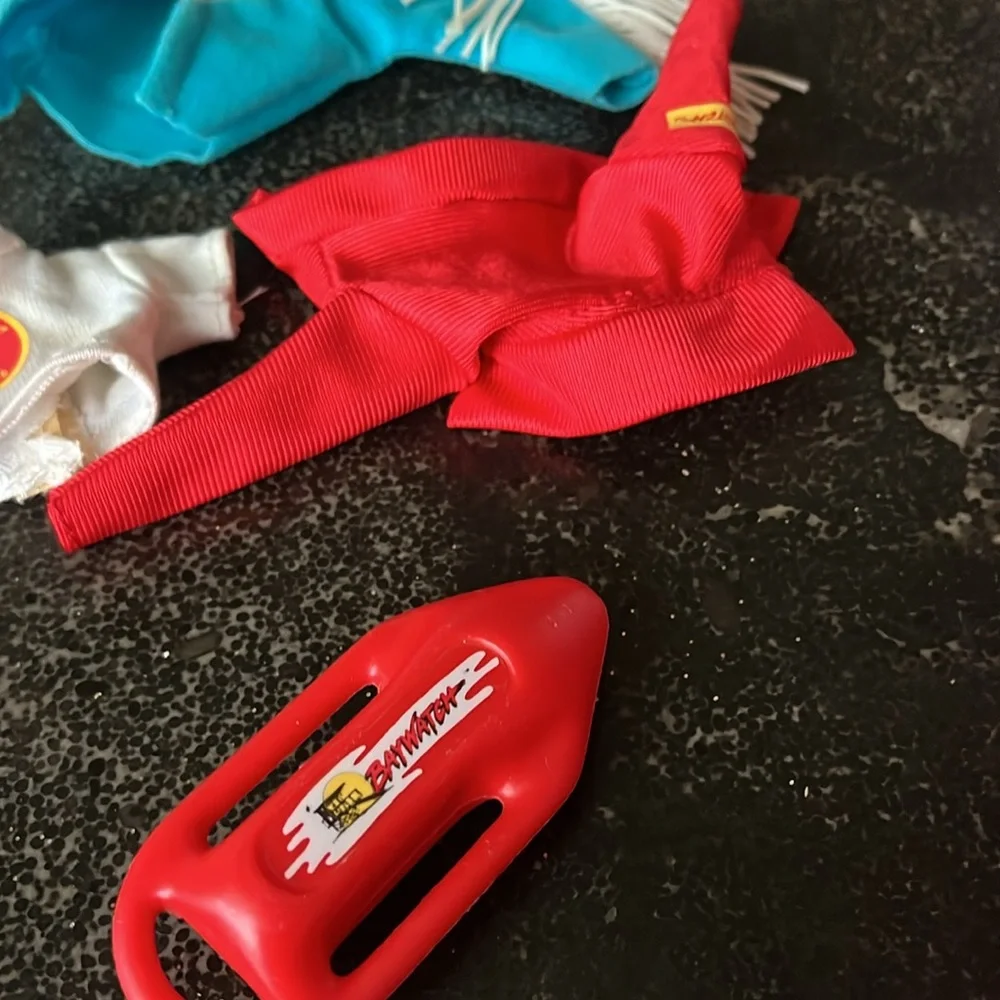 Vintage 1990s Barbie doll bundle of accessories. Gown, rodeo, Baywatch, skater.